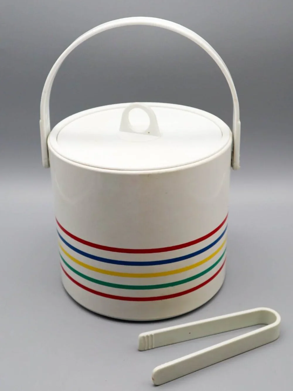 Vtg Insulated Vinyl Coated Ice Bucket w/ Handle, Lid, & Tongs Rainbow Stripes